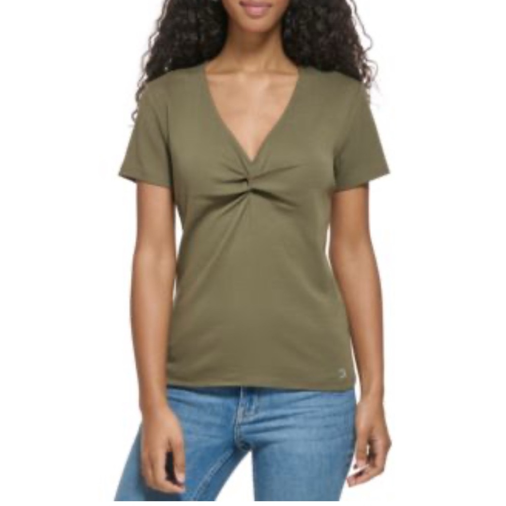 Calvin Klein Olive Green Twist Front V-Neck T-Shirt XL Stretch Soft